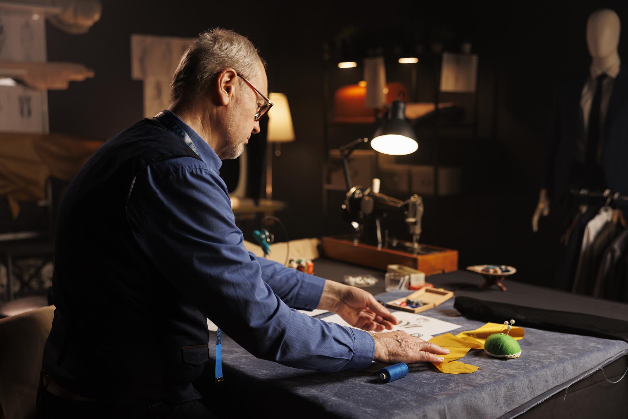 Creative director inspecting embroidered patch under lamp