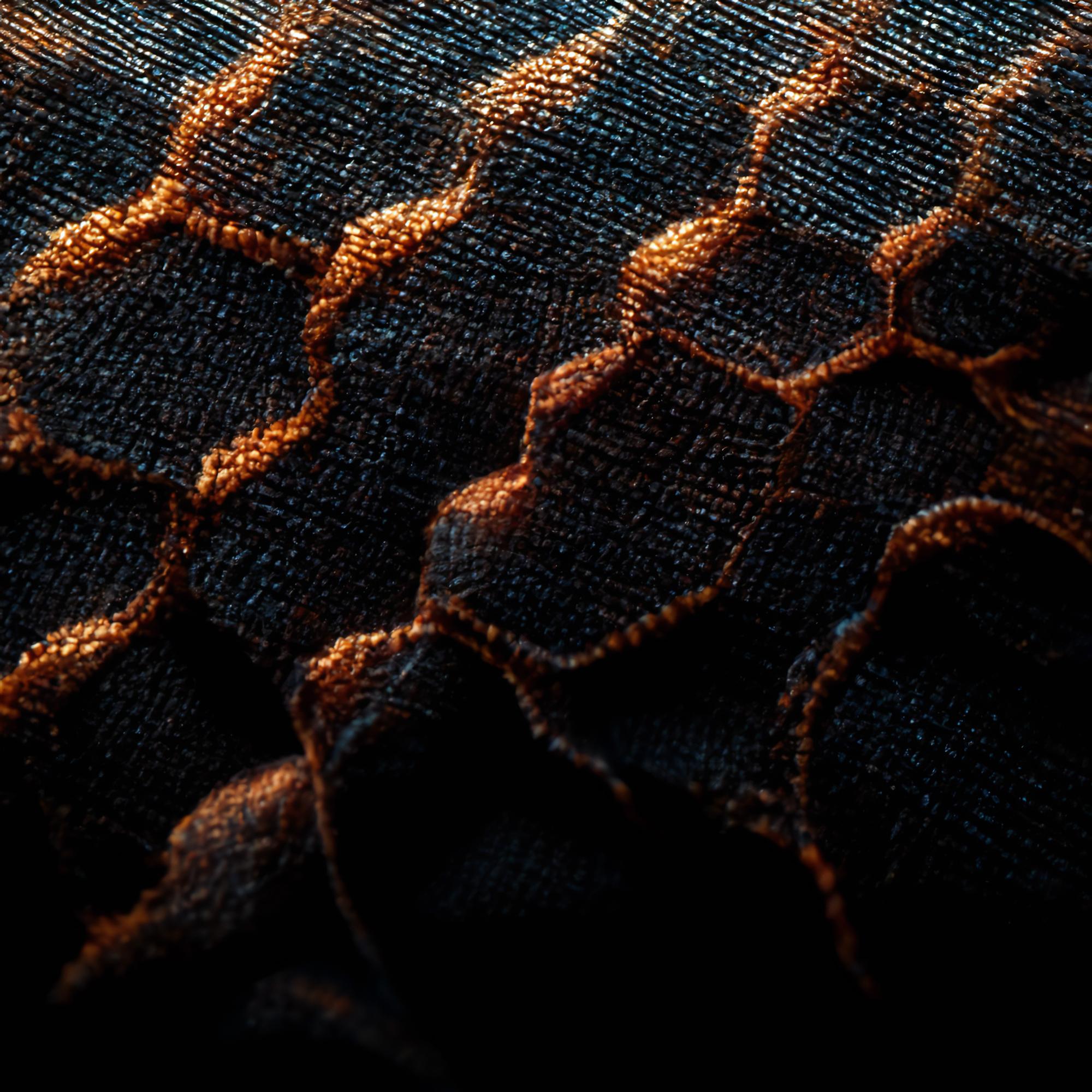 Close-up of high-tech embroidery on dark fabric, metallic threads